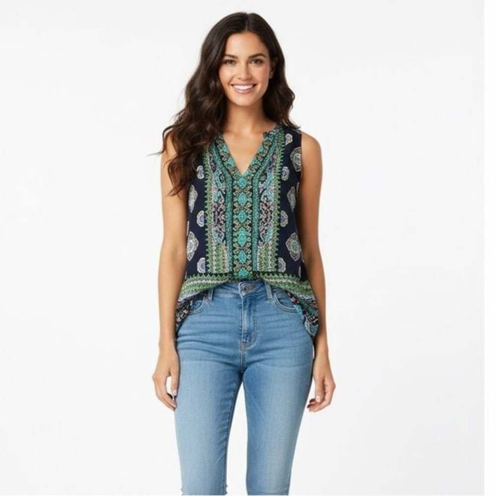 CYNTHIA ROWLEY Black Floral Print Tribal Print Blouse Sz M